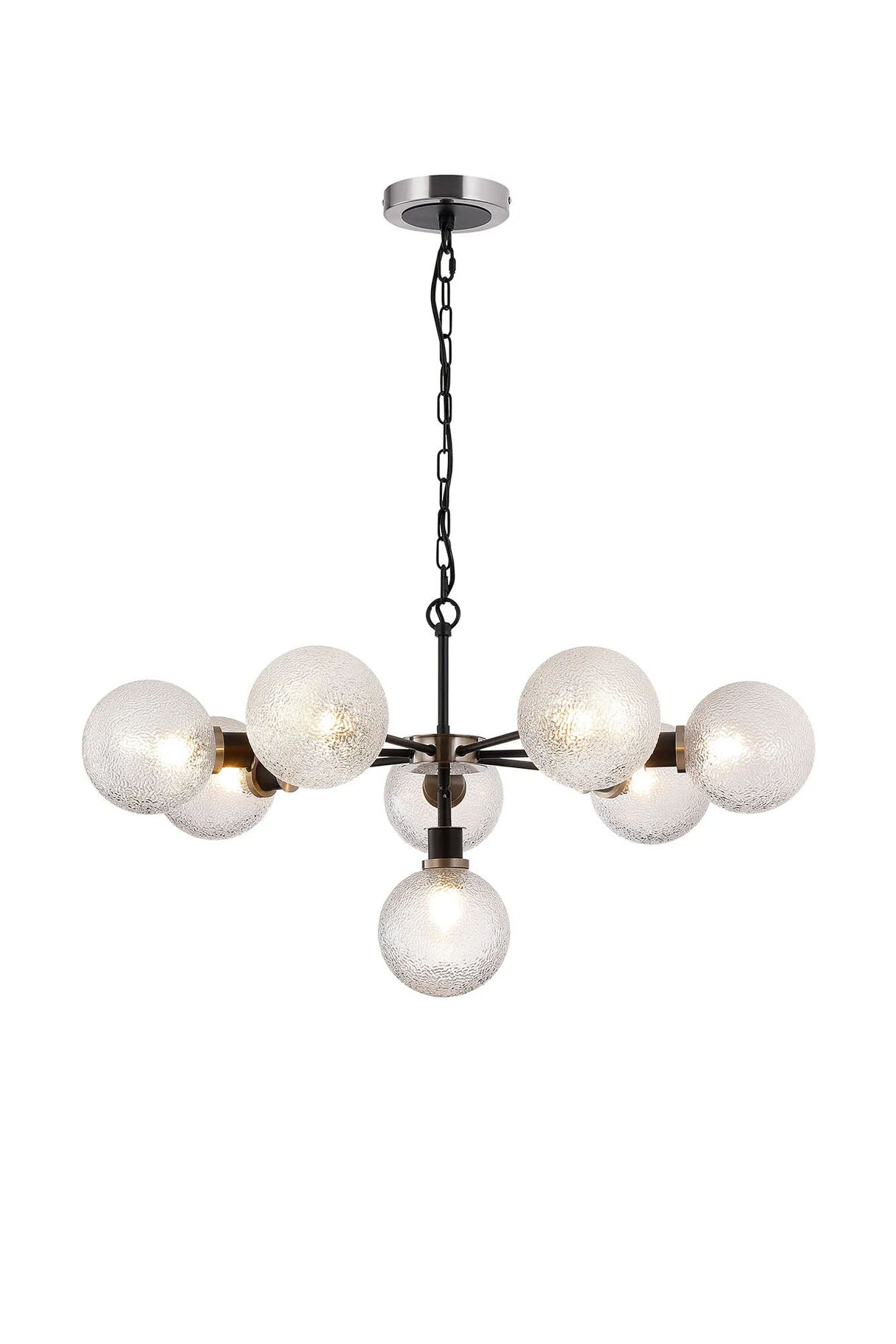 Stevens Pendant, 8 x E14 With 15cm Round Dimpled Glass Shade, Satin Nickel, Clear & Satin Black