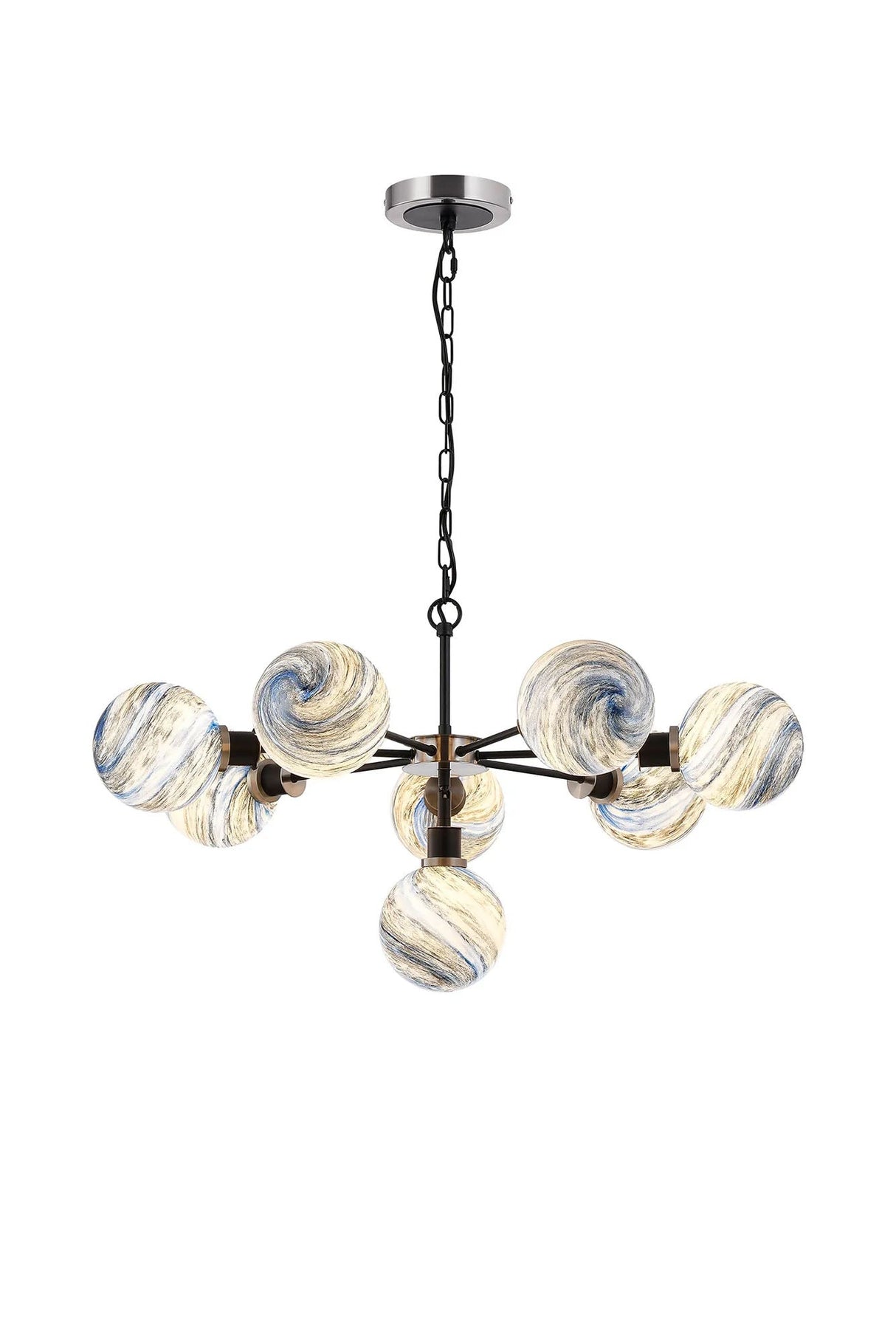 Stevens 84cm Pendant, 8 Light E14 With 15cm Round Dark Blue Marble Effect Glass Shade, Satin Nickel & Satin Black Framework