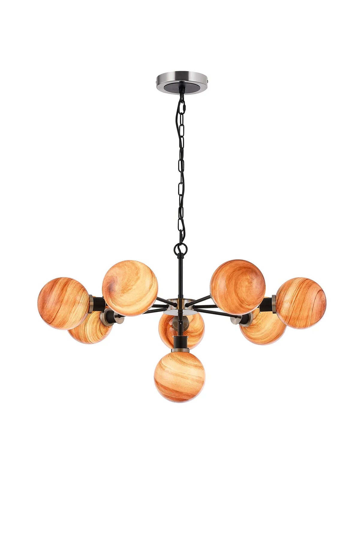Stevens 84cm Pendant, 8 Light E14 With 15cm Round Dark Pink Marble Effect Glass Shade, Satin Nickel & Satin Black Framework