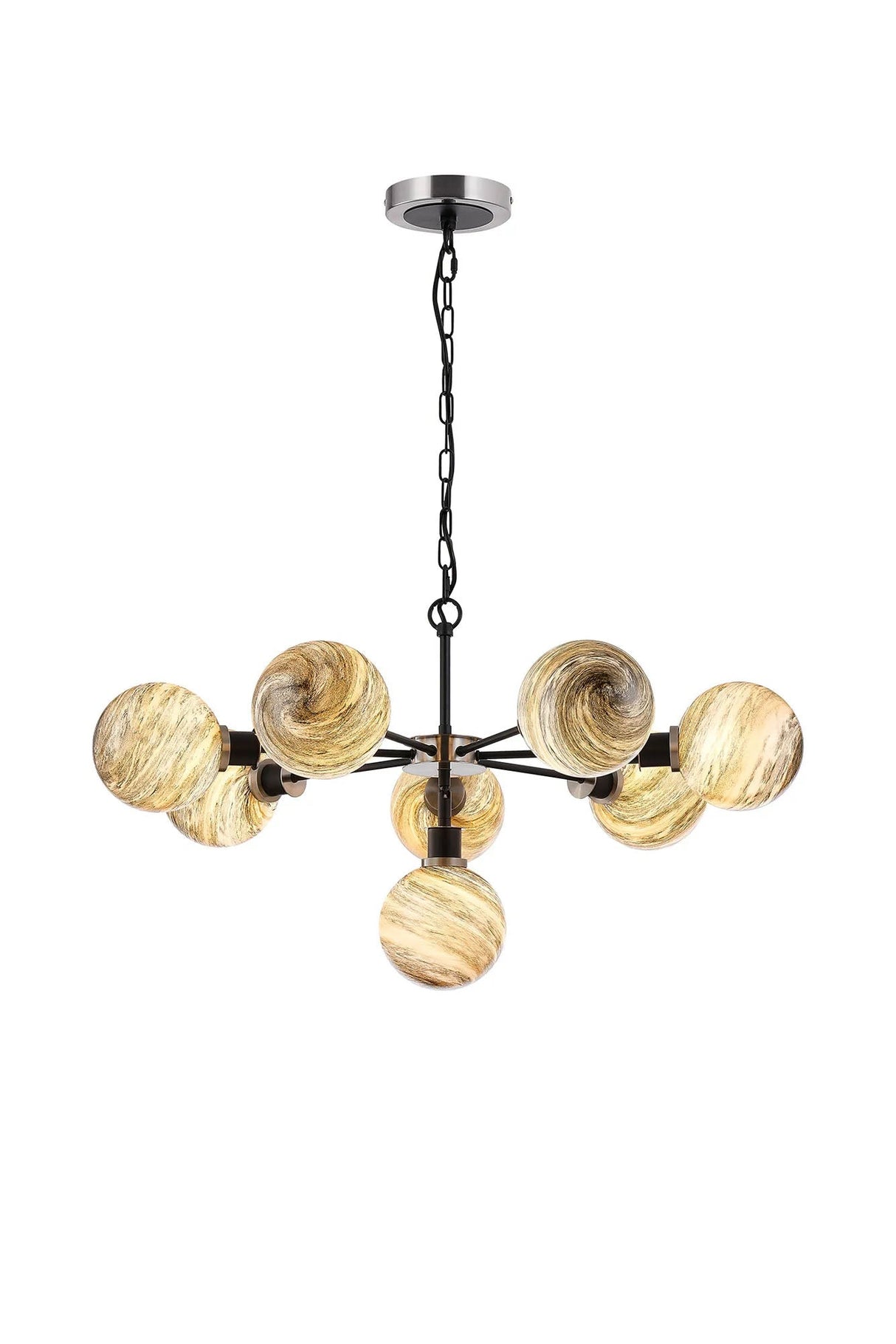 Stevens 84cm Pendant, 8 Light E14 With 15cm Round Light Grey Marble Effect Glass Shade, Satin Nickel & Satin Black Framework