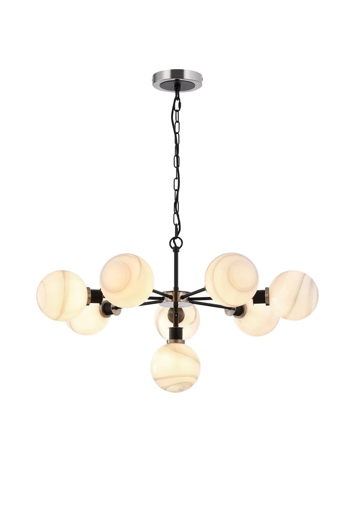 Stevens Pendant, 8 x E14 With 15cm Round Marble Effect Glass Shade, Satin Nickel, White & Satin Black