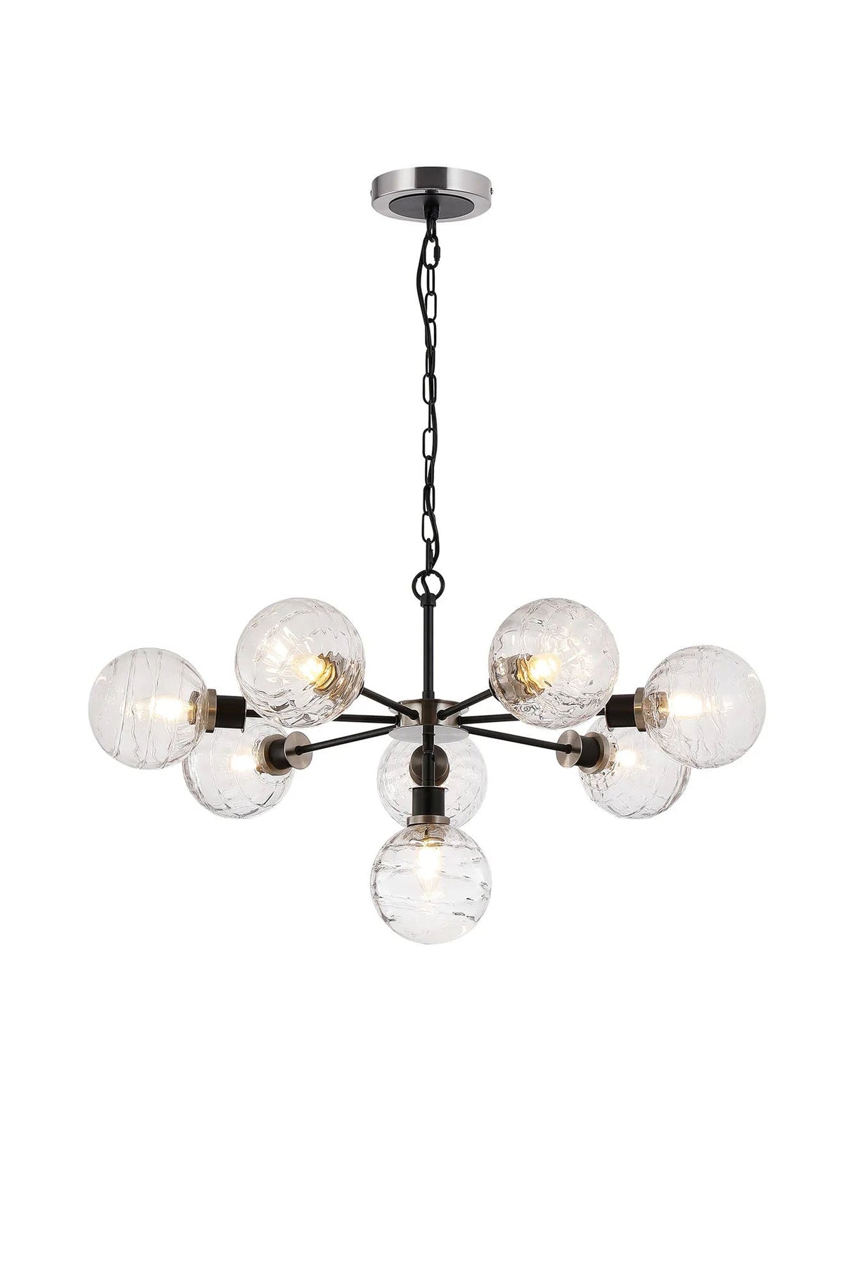 Stevens Pendant, 8 x E14 With 15cm Round Textured Melting Glass Shade, Satin Nickel, Clear & Satin Black