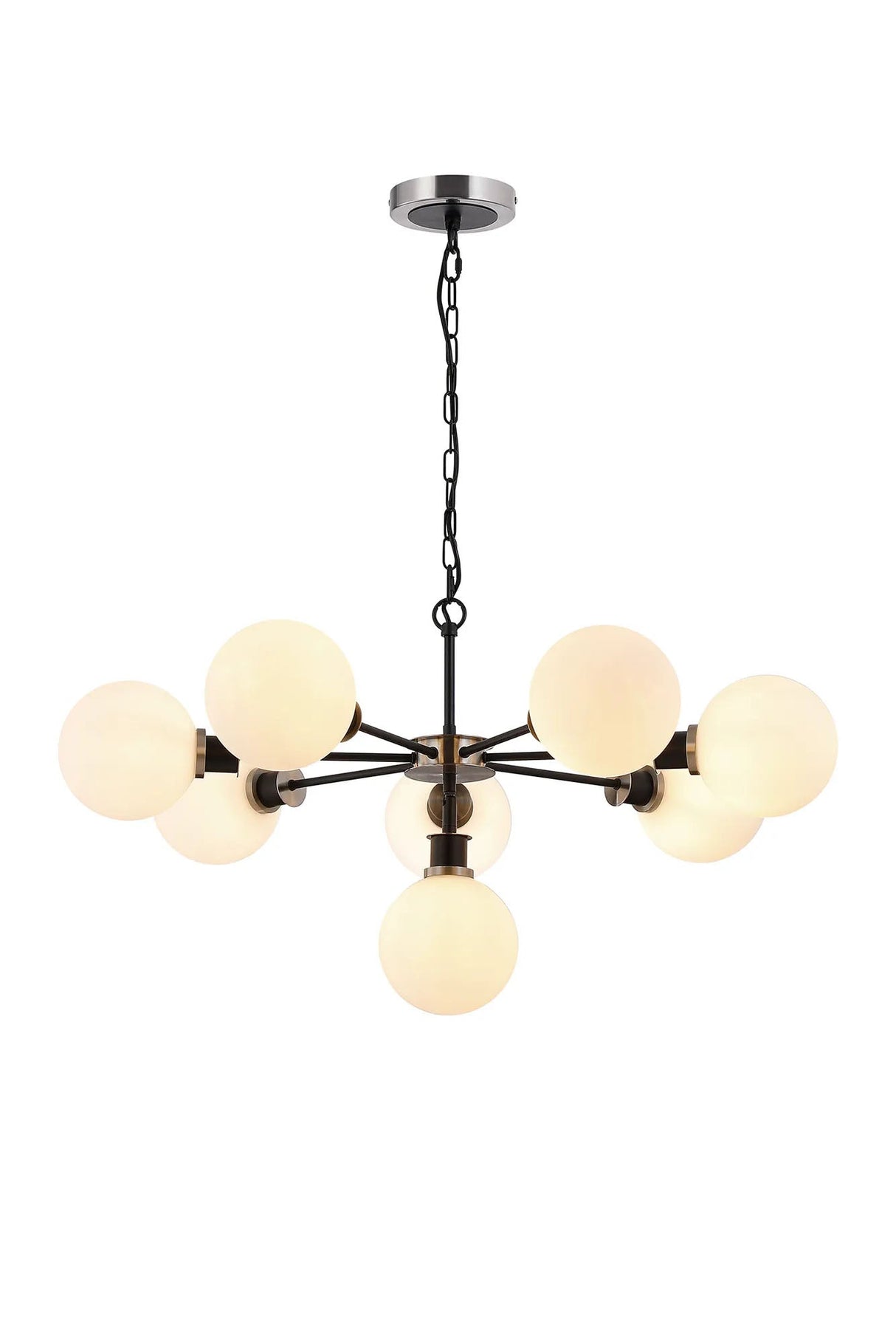 Stevens Pendant, 8 x E14 With 15cm Round Glass Shade, Satin Nickel, Opal & Satin Black