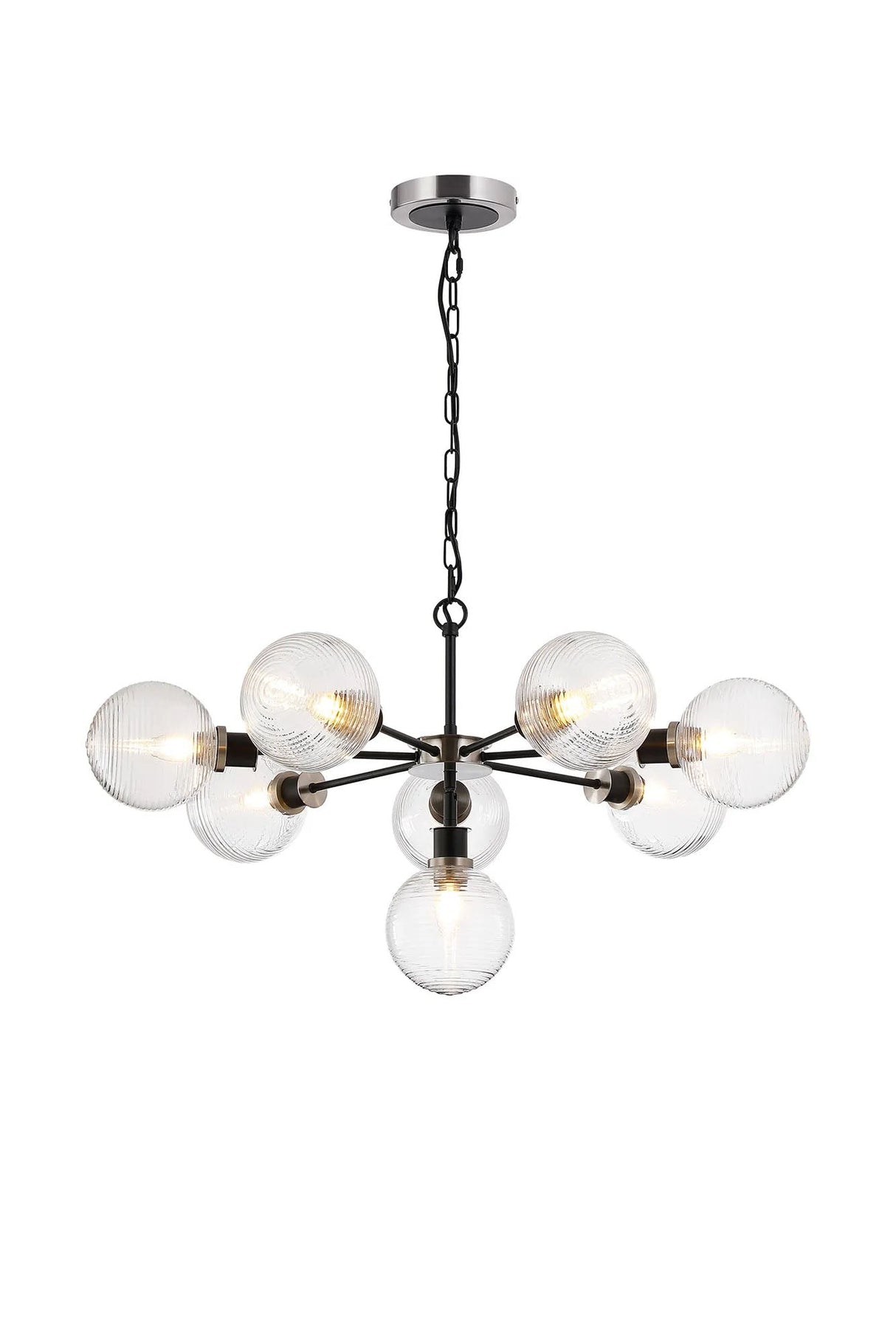Stevens Pendant, 8 x E14 With 15cm Round Ribbed Glass Shade, Satin Nickel, Clear & Satin Black