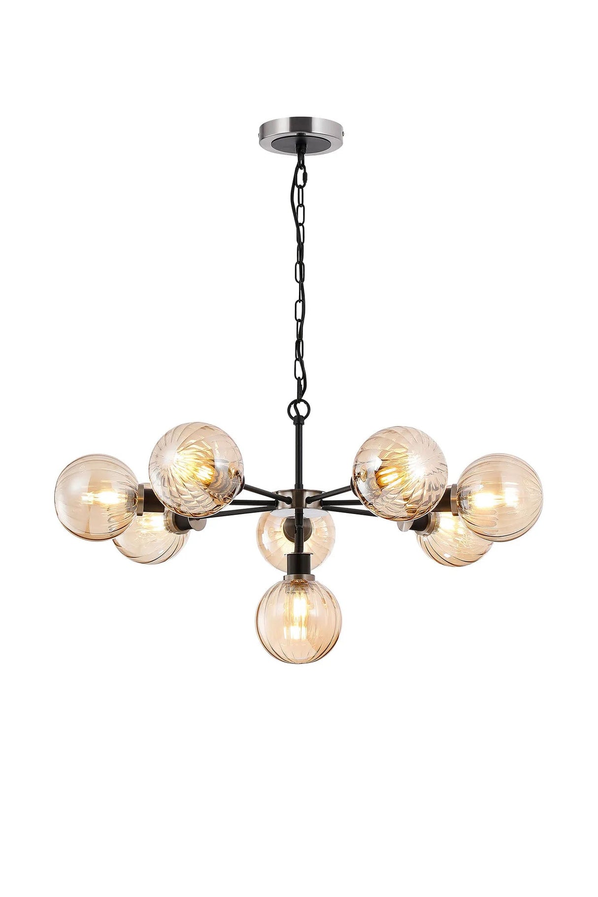 Stevens Pendant, 8 x E14 With 15cm Round Segment Glass Shade, Satin Nickel, Amber Plated & Satin Black