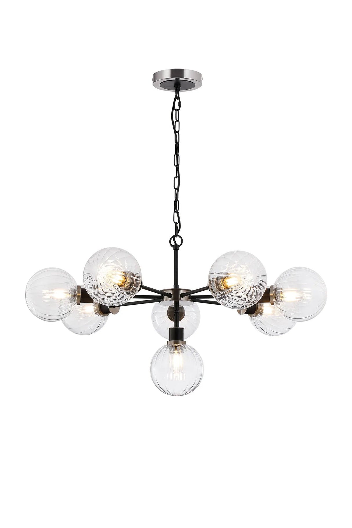 Stevens Pendant, 8 x E14 With 15cm Round Segment Glass Shade, Satin Nickel, Clear & Satin Black