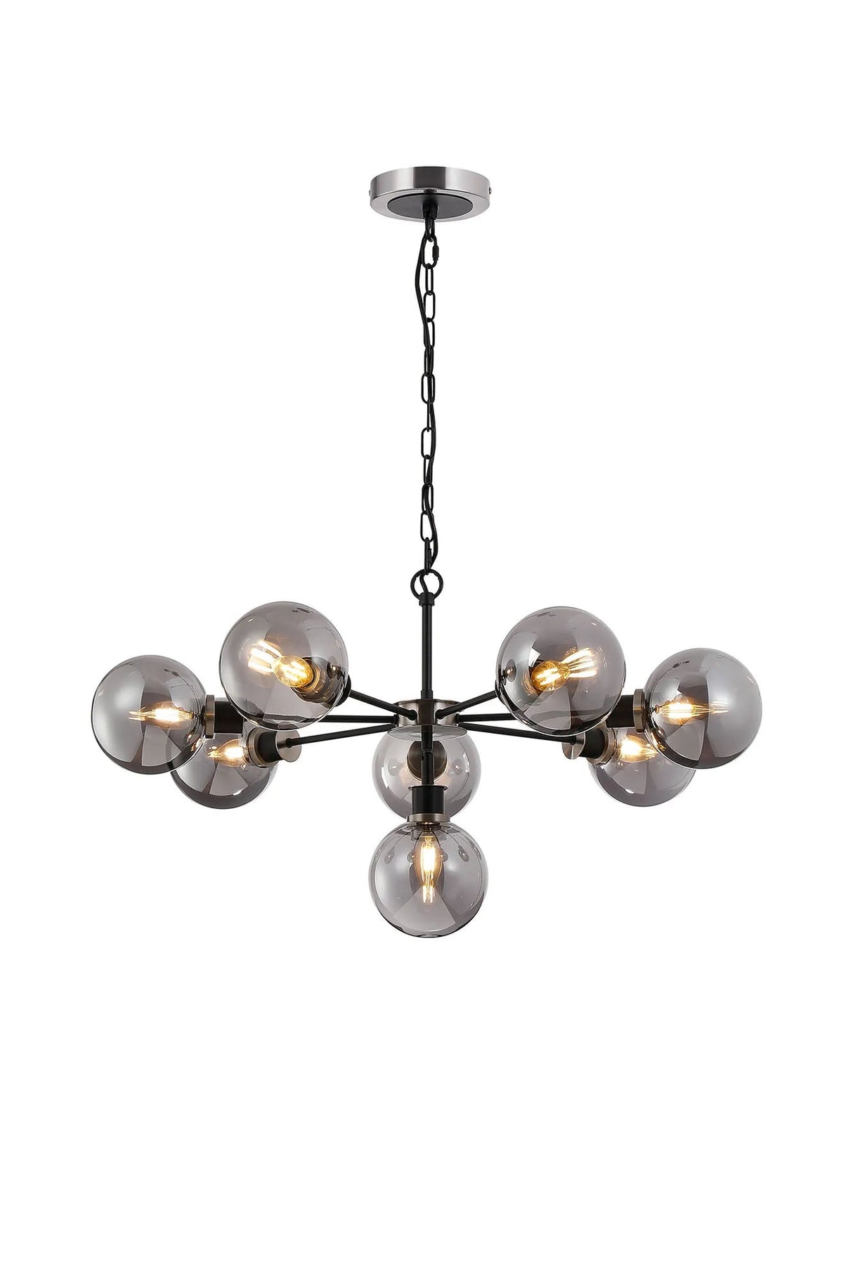Stevens Pendant, 8 x E14 With 15cm Round Glass Shade, Satin Nickel, Smoke Plated & Satin Black
