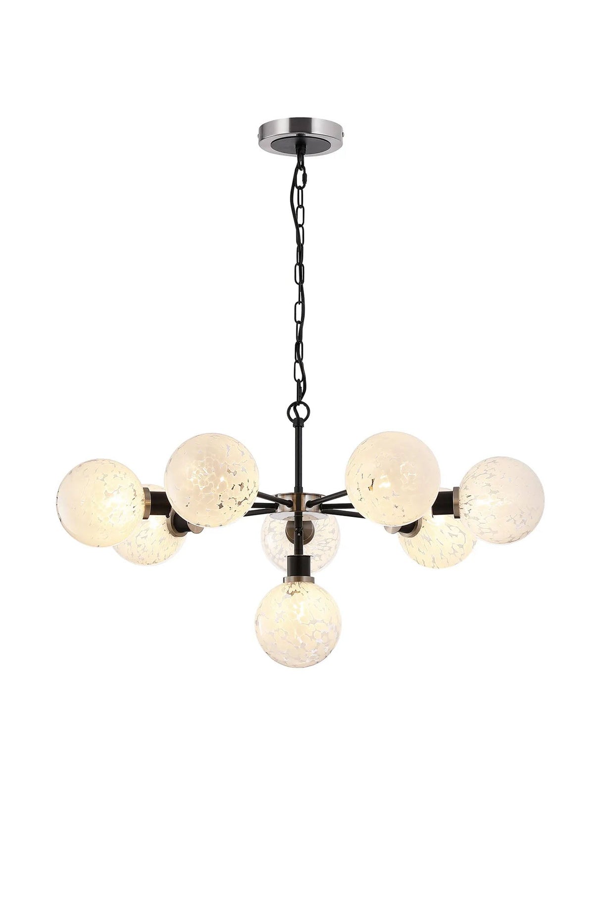 Stevens Pendant, 8 x E14 With 15cm Round Speckled Glass Shade, Satin Nickel, White & Satin Black