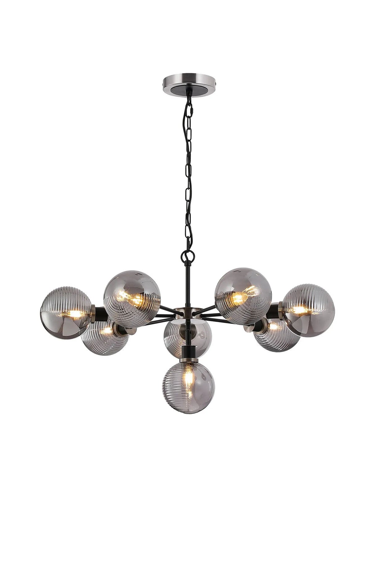 Stevens Pendant, 8 x E14 With 15cm Round Double Textured Smooth/Ribbed Glass Shade, Satin Nickel, Smoke Plated & Satin Black