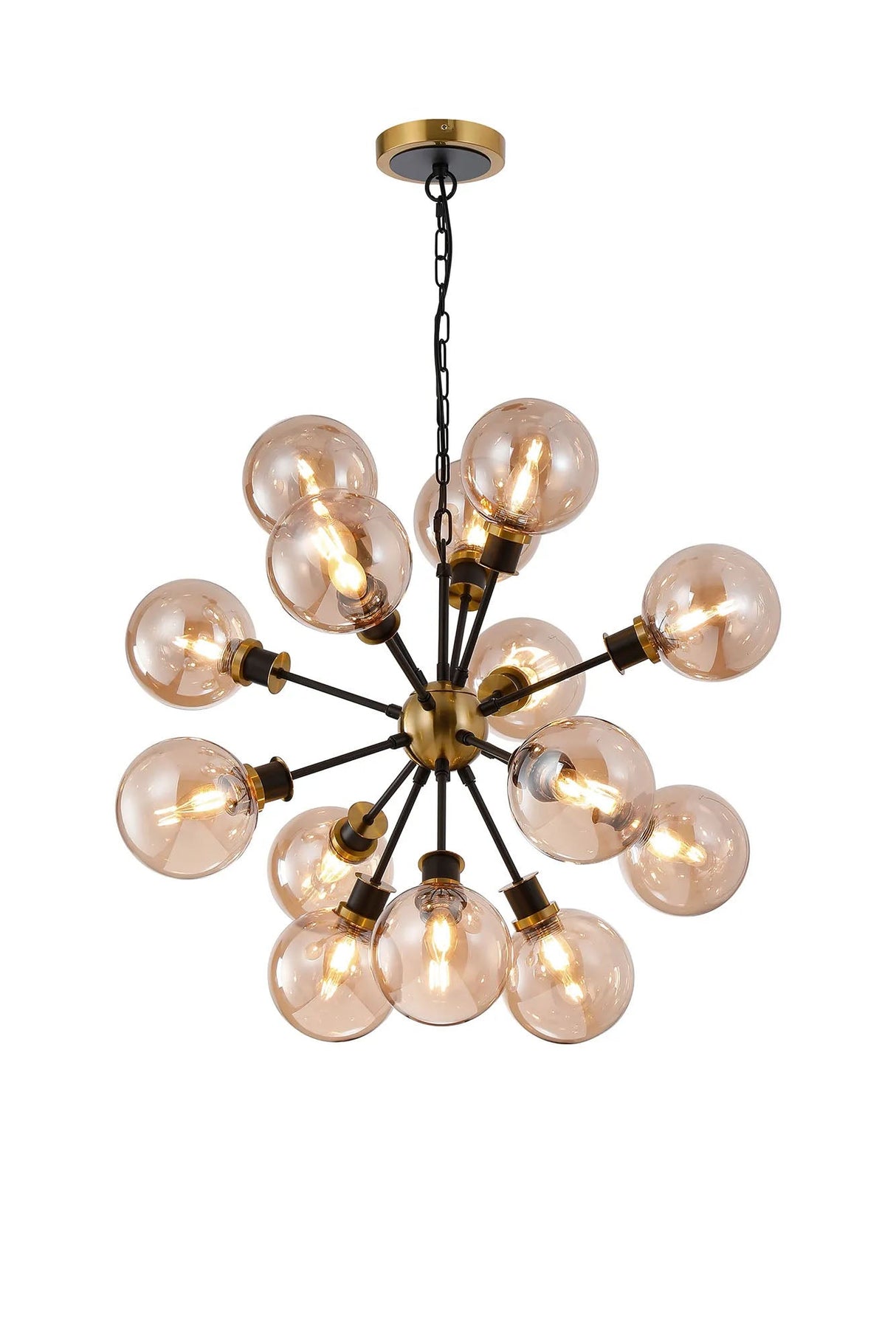 Stevens Pendant, 14 x E14 With 15cm Round Glass Shade, Brass, Amber Plated & Satin Black