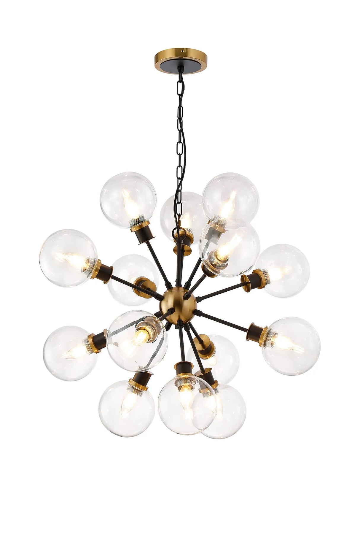 Stevens Pendant, 14 x E14 With 15cm Round Glass Shade, Brass, Clear & Satin Black