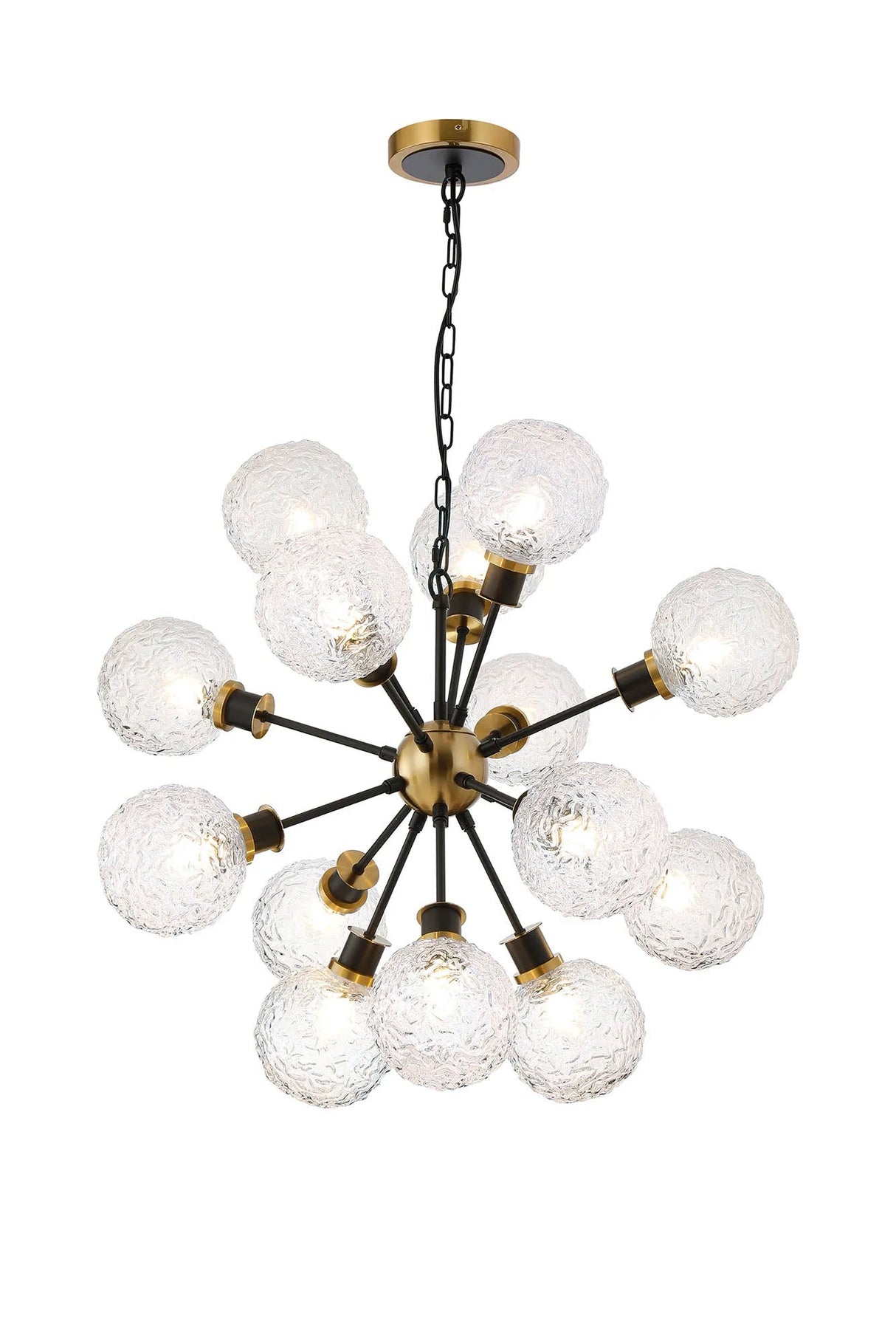 Stevens Pendant, 14 x E14 With 15cm Round Textured Crumple Glass Shade, Brass, Clear & Satin Black