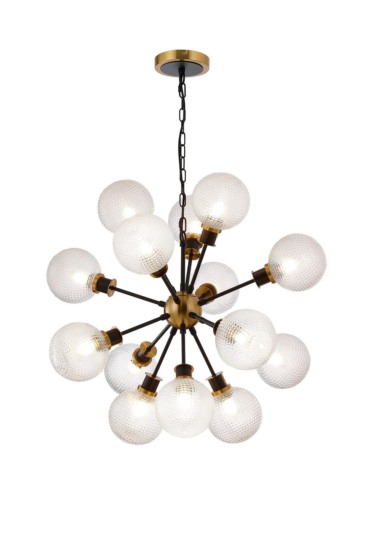 Stevens Pendant, 14 x E14 With 15cm Round Textured Diamond Pattern Glass Shade, Brass, Clear & Satin Black