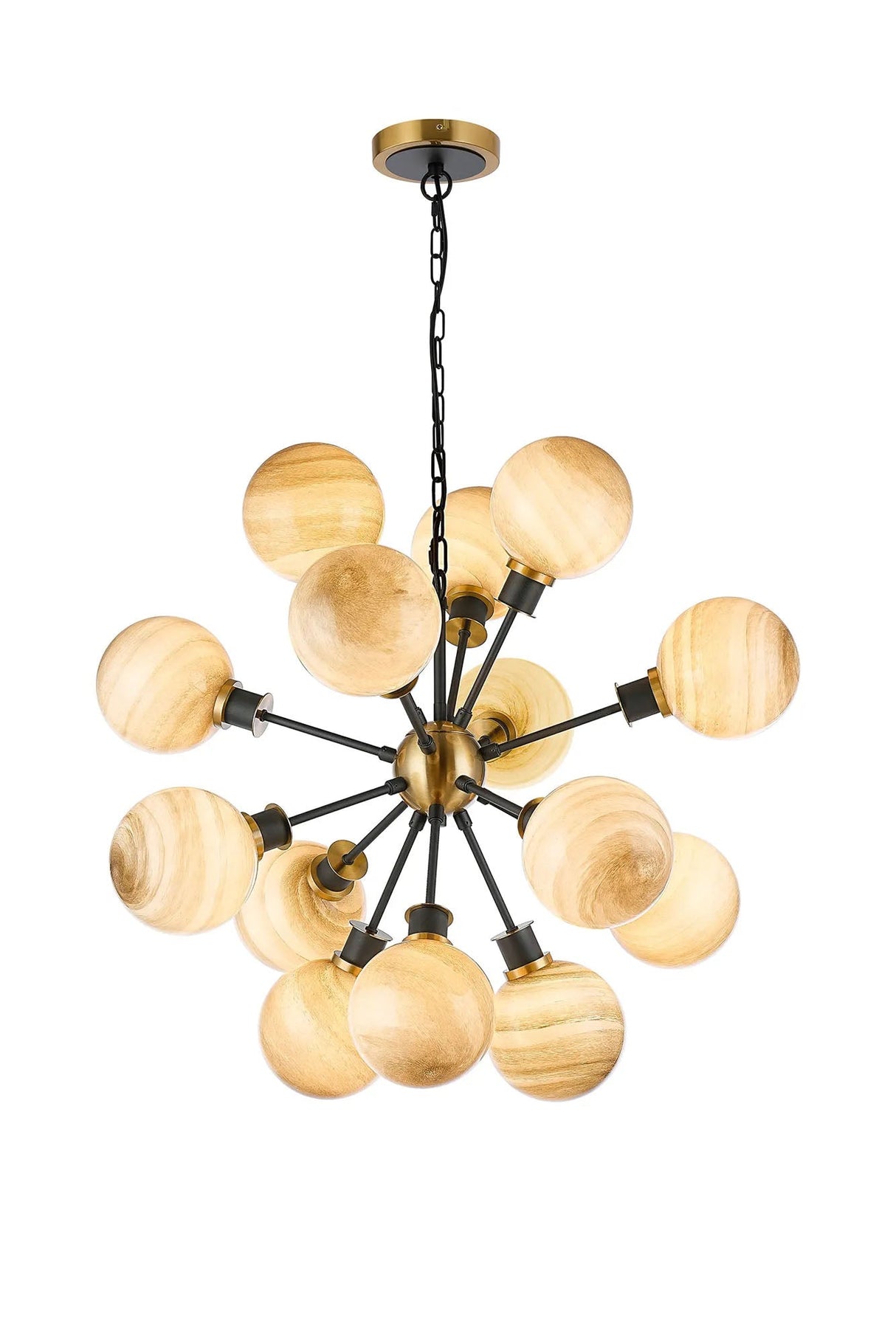 Stevens 78cm Pendant, 14 Light E14 With 15cm Round Dark Beige Marble Effect Glass Shade, Brass & Satin Black Framework