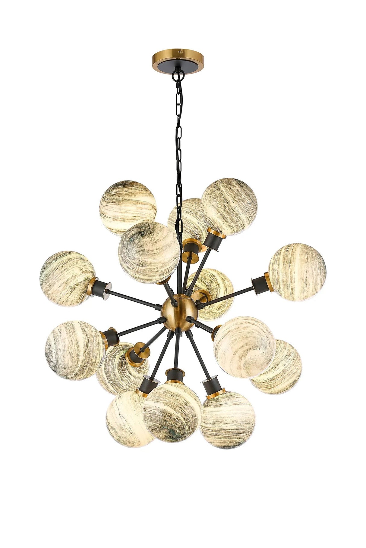 Stevens 78cm Pendant, 14 Light E14 With 15cm Round Dark Green Marble Effect Glass Shade, Brass & Satin Black Framework