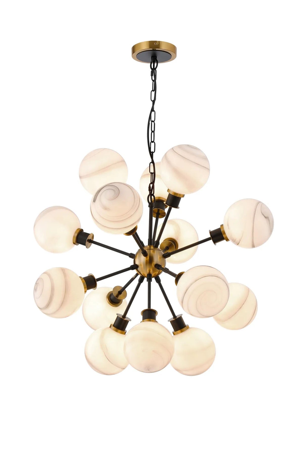 Stevens Pendant, 14 x E14 With 15cm Round Marble Effect Glass Shade, Brass, White & Satin Black