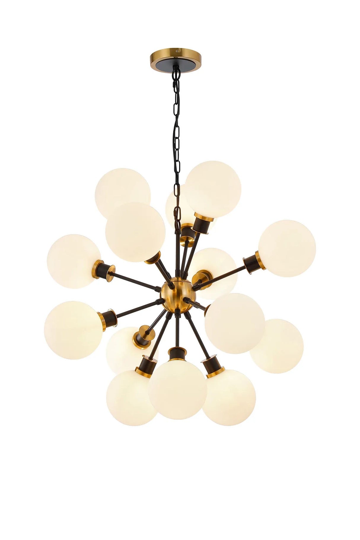 Stevens Pendant, 14 x E14 With 15cm Round Glass Shade, Brass, Opal & Satin Black