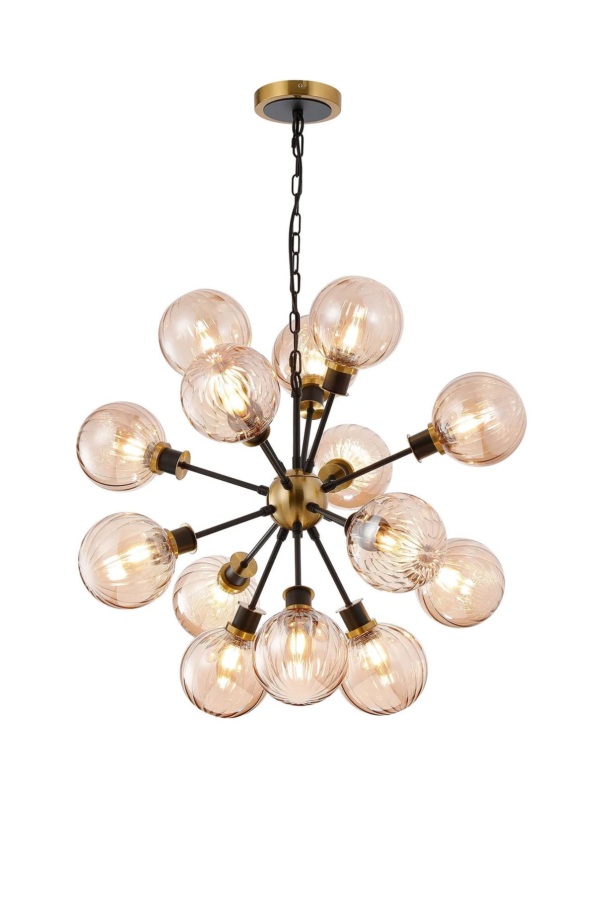 Stevens Pendant, 14 x E14 With 15cm Round Segment Glass Shade, Brass, Amber Plated & Satin Black