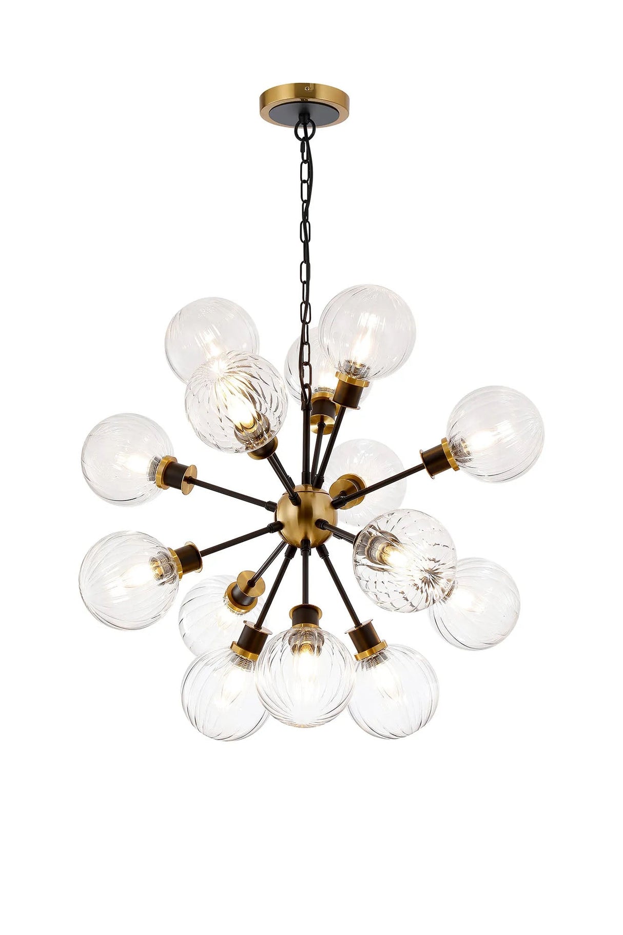 Stevens Pendant, 14 x E14 With 15cm Round Segment Glass Shade, Brass, Clear & Satin Black