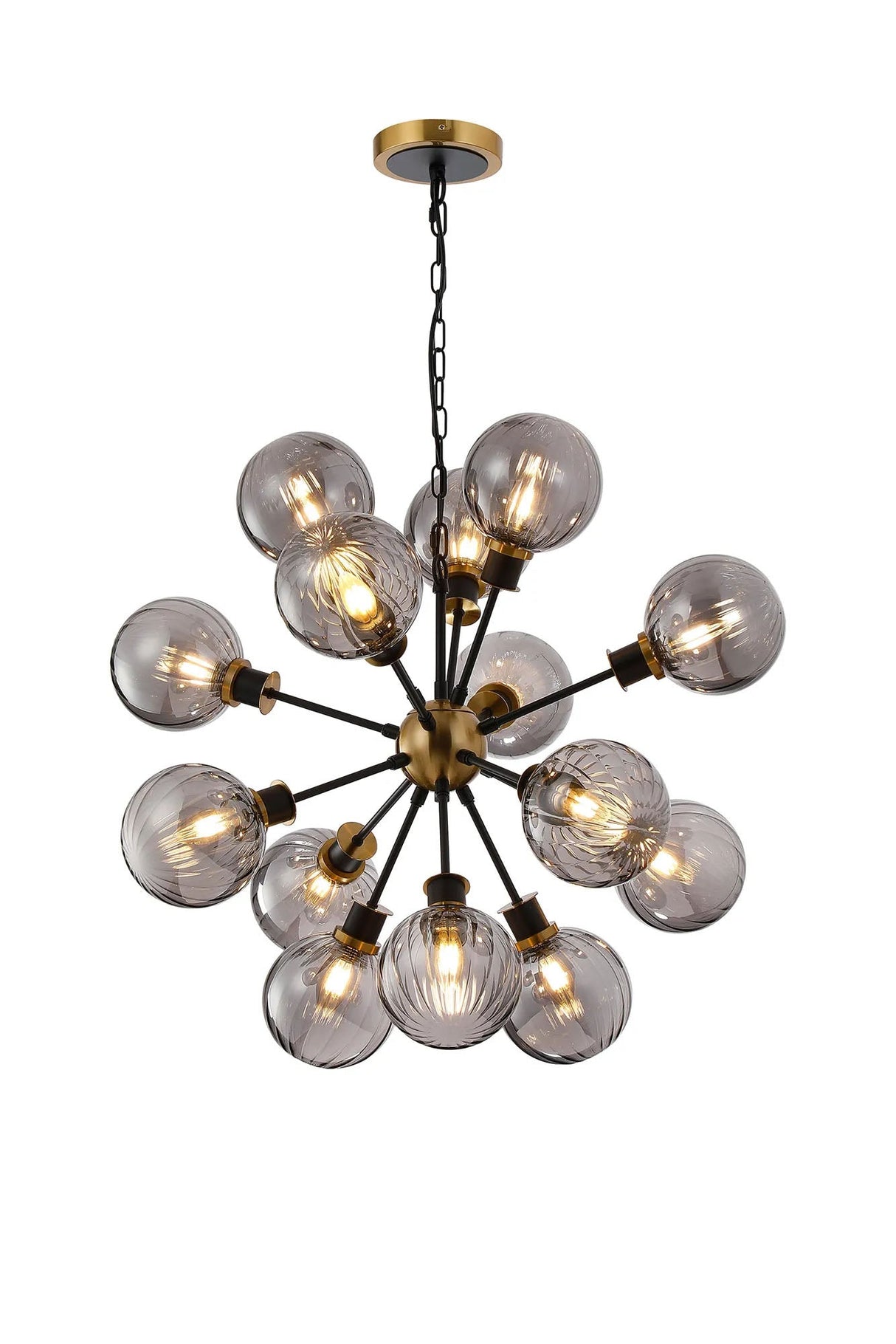 Stevens Pendant, 14 x E14 With 15cm Round Segment Glass Shade, Brass, Smoke Plated & Satin Black