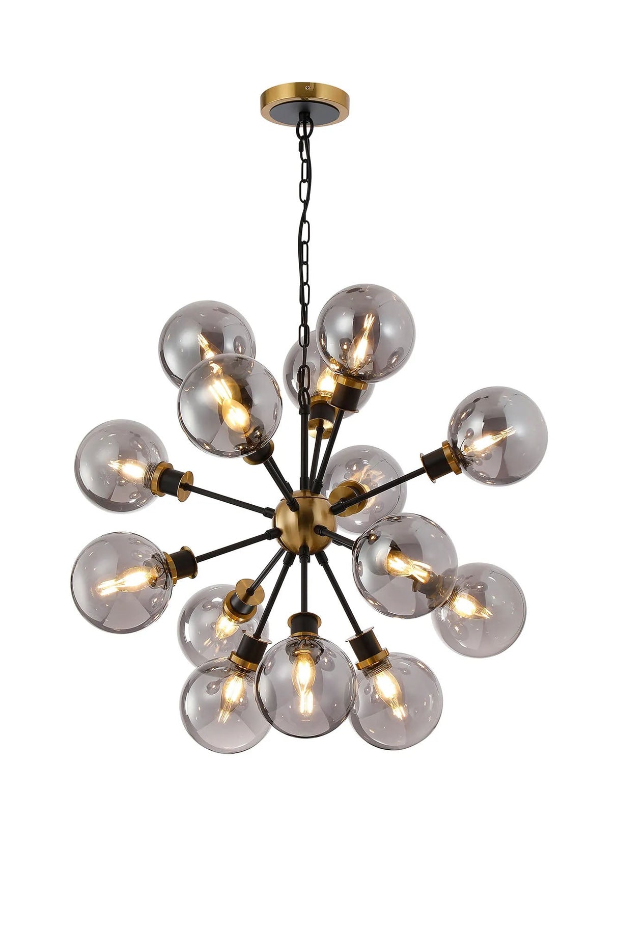 Stevens Pendant, 14 x E14 With 15cm Round Glass Shade, Brass, Smoke Plated & Satin Black
