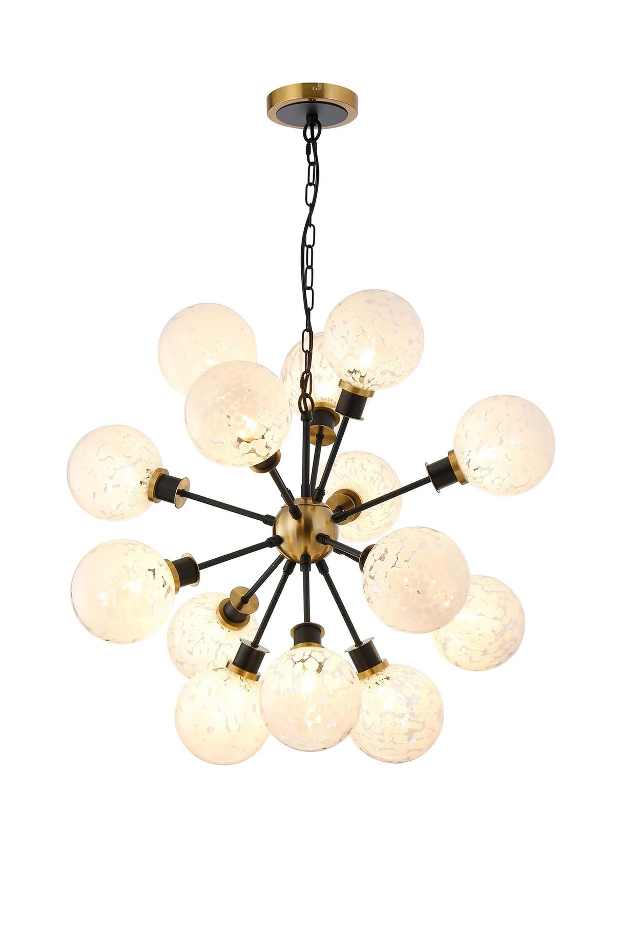 Stevens Pendant, 14 x E14 With 15cm Round Speckled Glass Shade, Brass, White & Satin Black