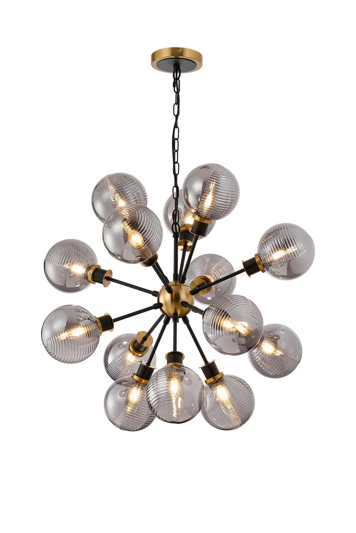 Stevens Pendant, 14 x E14 With 15cm Round Double Textured Smooth/Ribbed Glass Shade, Brass, Smoke Plated & Satin Black