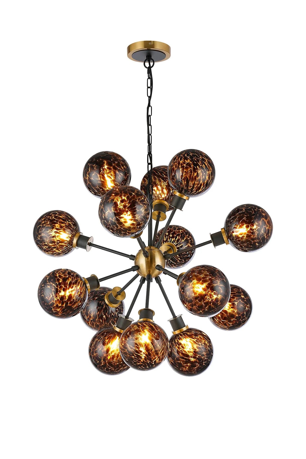 Stevens 78cm Pendant, 14 Light E14 With 15cm Round Brown & Amber Tortoise Shell Glass Shade, Brass & Satin Black