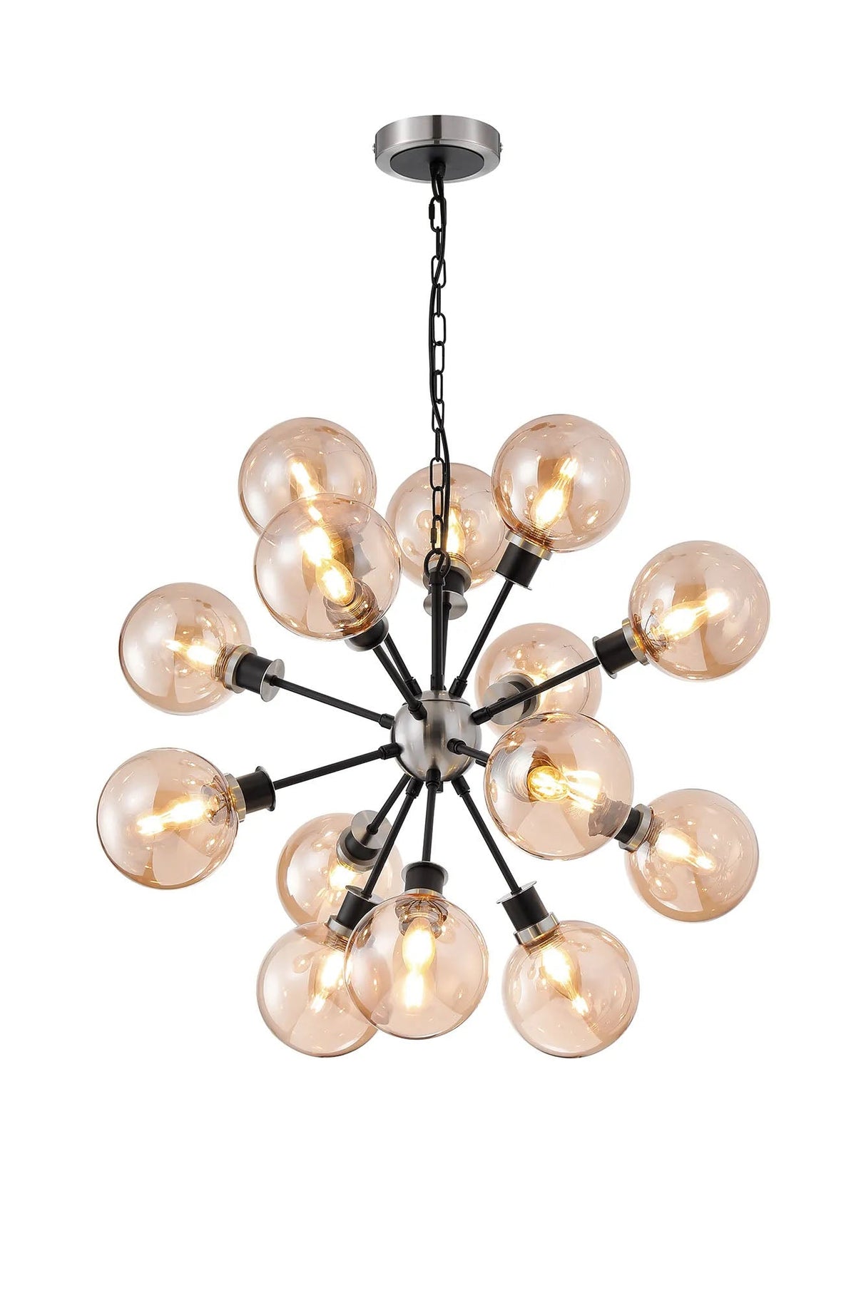 Stevens Pendant, 14 x E14 With 15cm Round Glass Shade, Satin Nickel, Amber Plated & Satin Black
