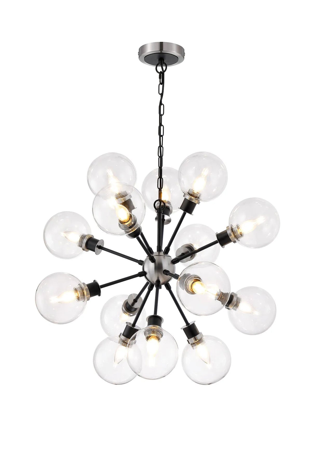 Stevens Pendant, 14 x E14 With 15cm Round Glass Shade, Satin Nickel, Clear & Satin Black