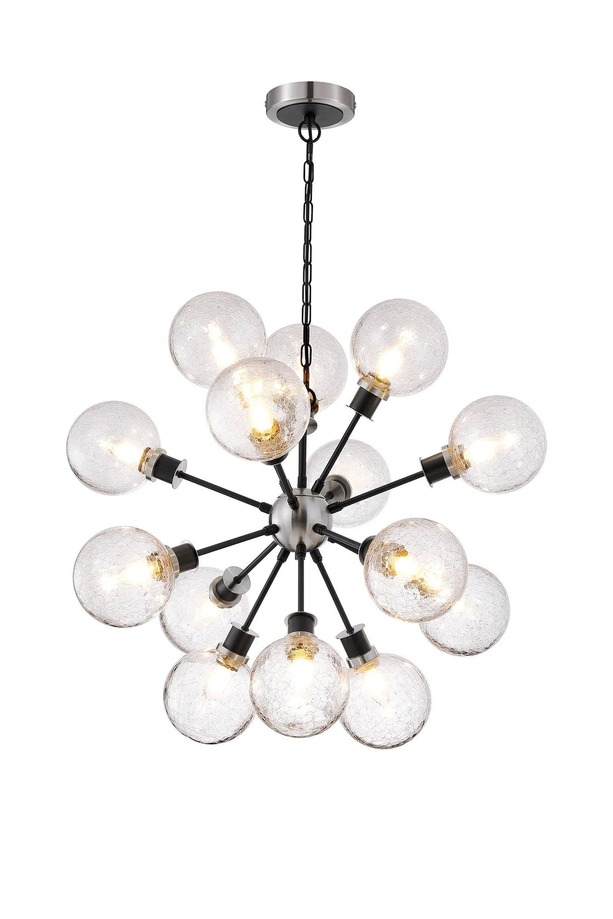 Stevens Pendant, 14 x E14 With 15cm Round Crackled Glass Shade, Satin Nickel, Clear & Satin Black