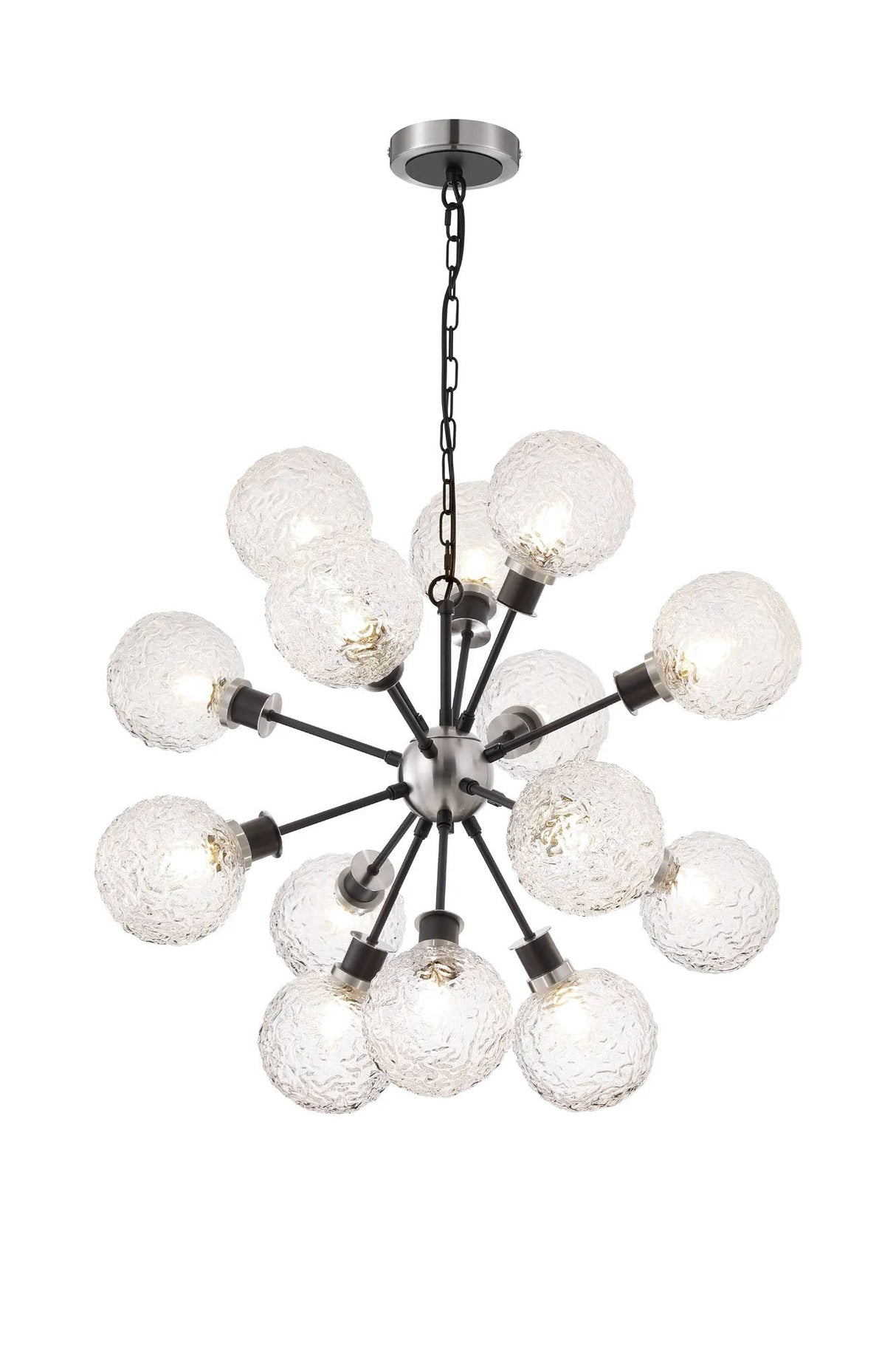 Stevens Pendant, 14 x E14 With 15cm Round Textured Crumple Glass Shade, Satin Nickel, Clear & Satin Black