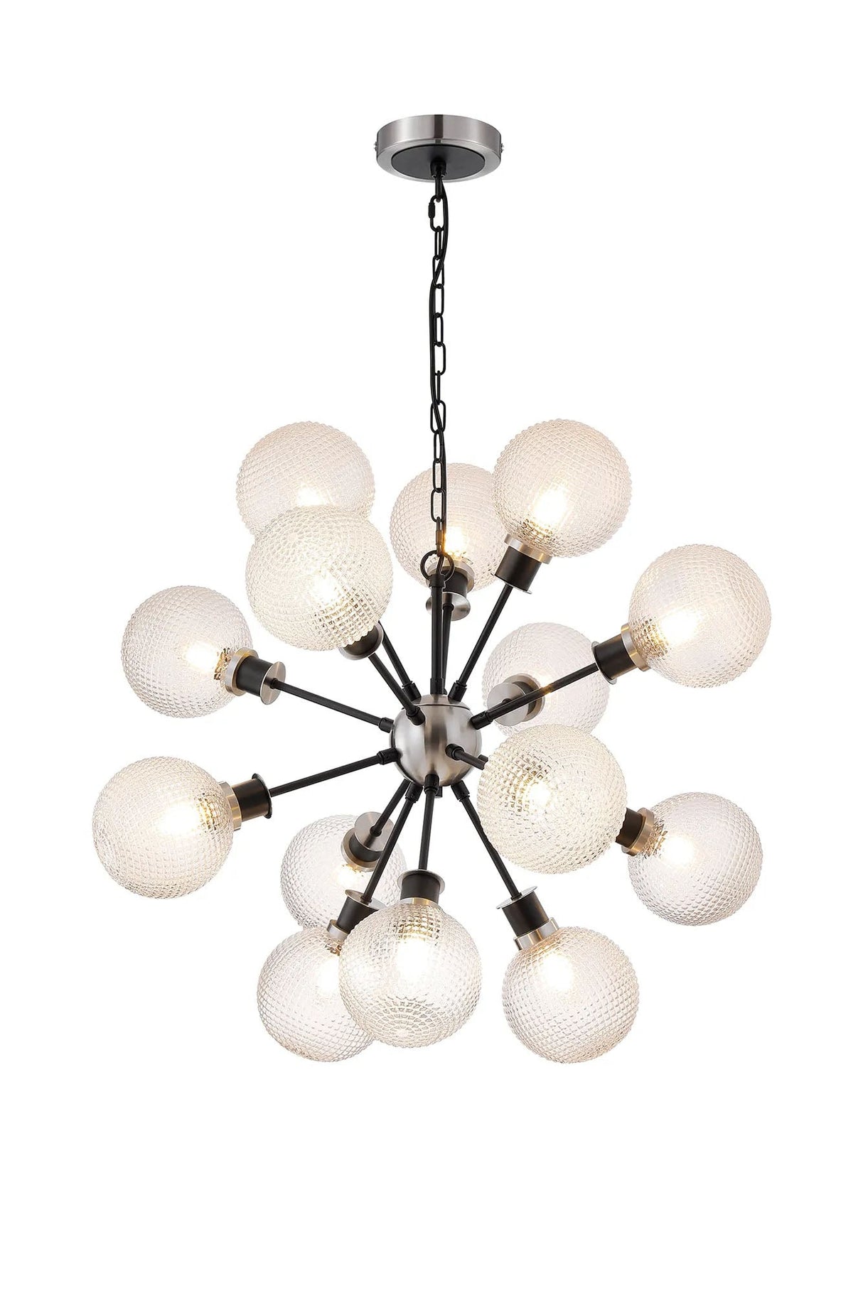 Stevens Pendant, 14 x E14 With 15cm Round Textured Diamond Pattern Glass Shade, Satin Nickel, Clear & Satin Black