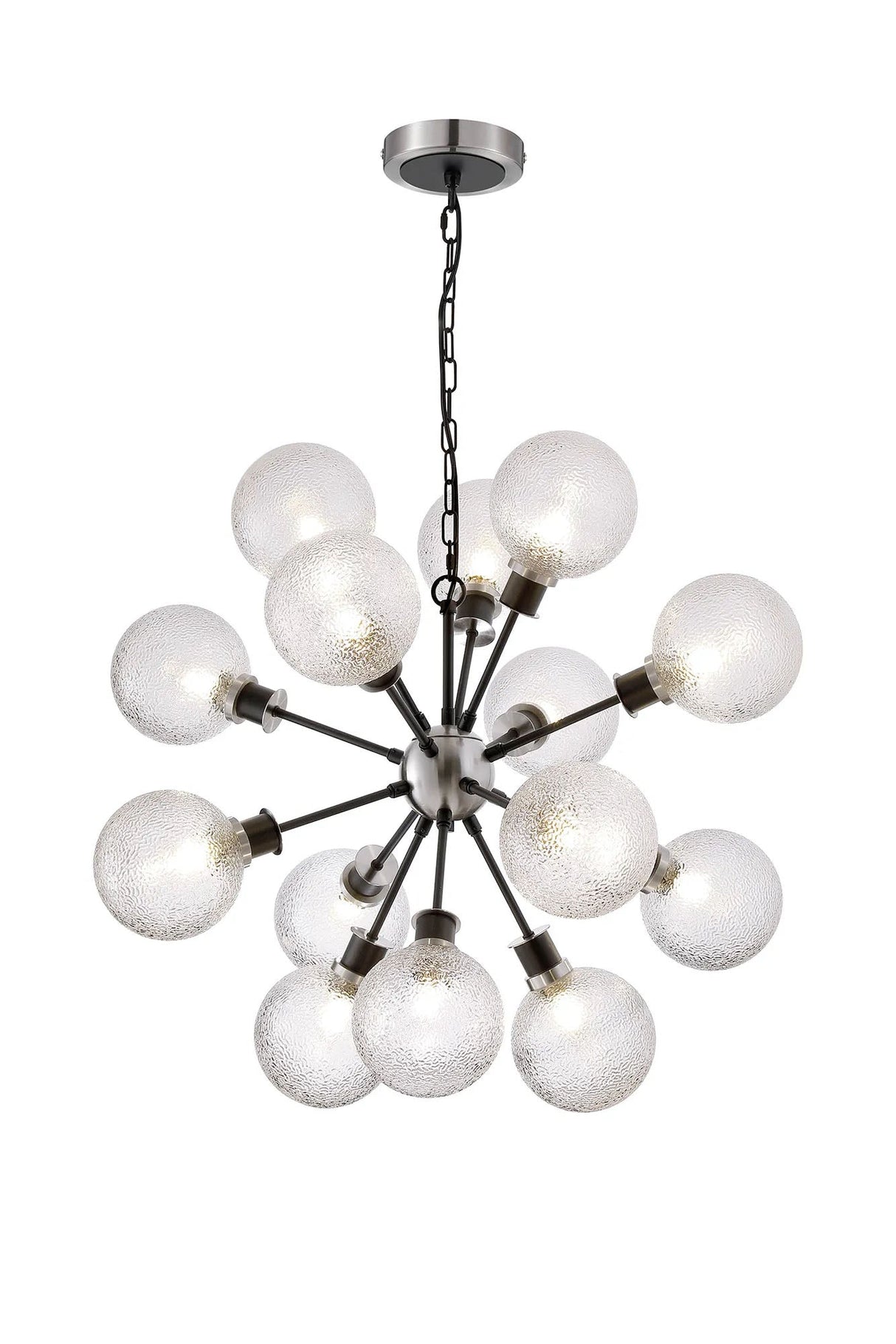 Stevens Pendant, 14 x E14 With 15cm Round Dimpled Glass Shade, Satin Nickel, Clear & Satin Black