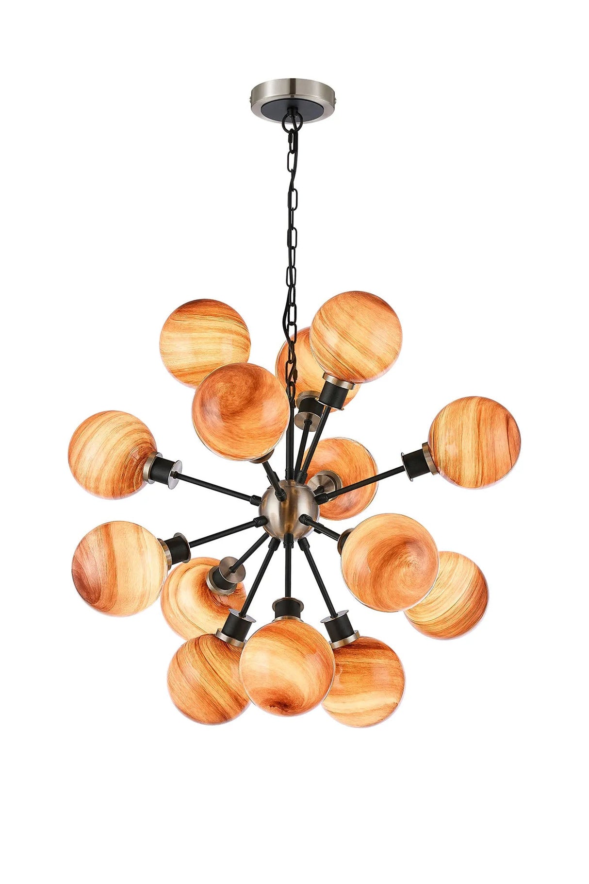 Stevens 78cm Pendant, 14 Light E14 With 15cm Round Dark Pink Marble Effect Glass Shade, Satin Nickel & Satin Black Framework