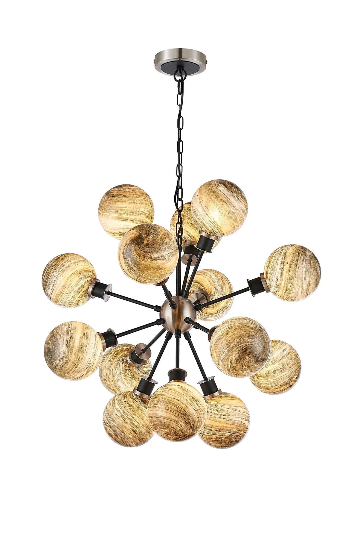Stevens 78cm Pendant, 14 Light E14 With 15cm Round Light Grey Marble Effect Glass Shade, Satin Nickel & Satin Black Framework