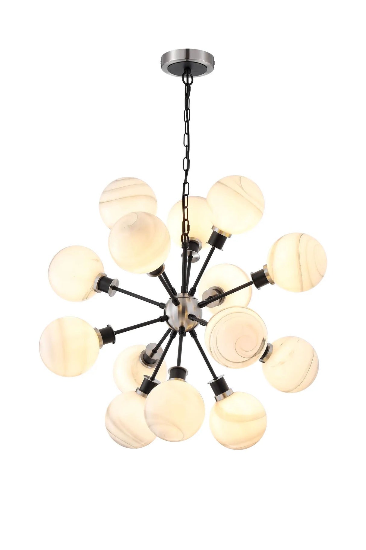 Stevens Pendant, 14 x E14 With 15cm Round Marble Effect Glass Shade, Satin Nickel, White & Satin Black