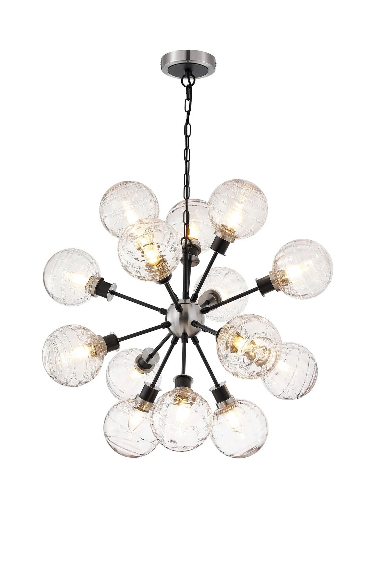 Stevens Pendant, 14 x E14 With 15cm Round Textured Melting Glass Shade, Satin Nickel, Clear & Satin Black