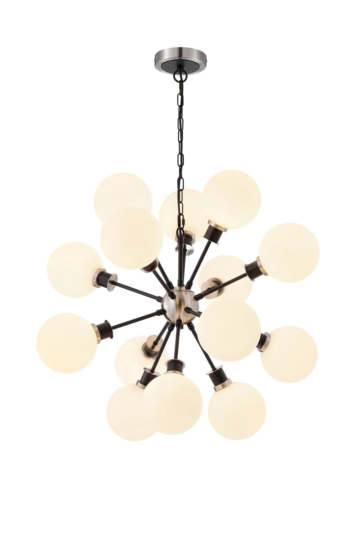 Stevens Pendant, 14 x E14 With 15cm Round Glass Shade, Satin Nickel, Opal & Satin Black