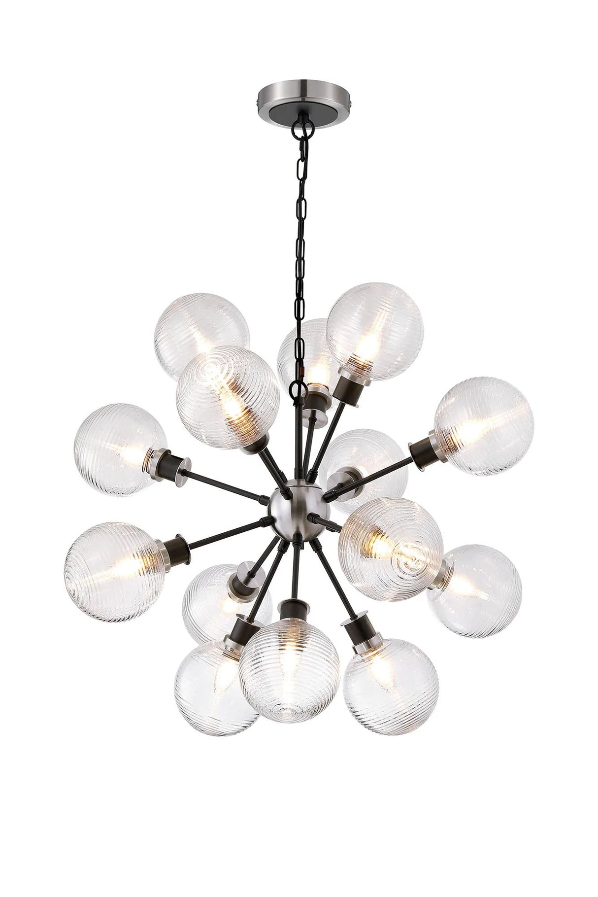 Stevens Pendant, 14 x E14 With 15cm Round Ribbed Glass Shade, Satin Nickel, Clear & Satin Black