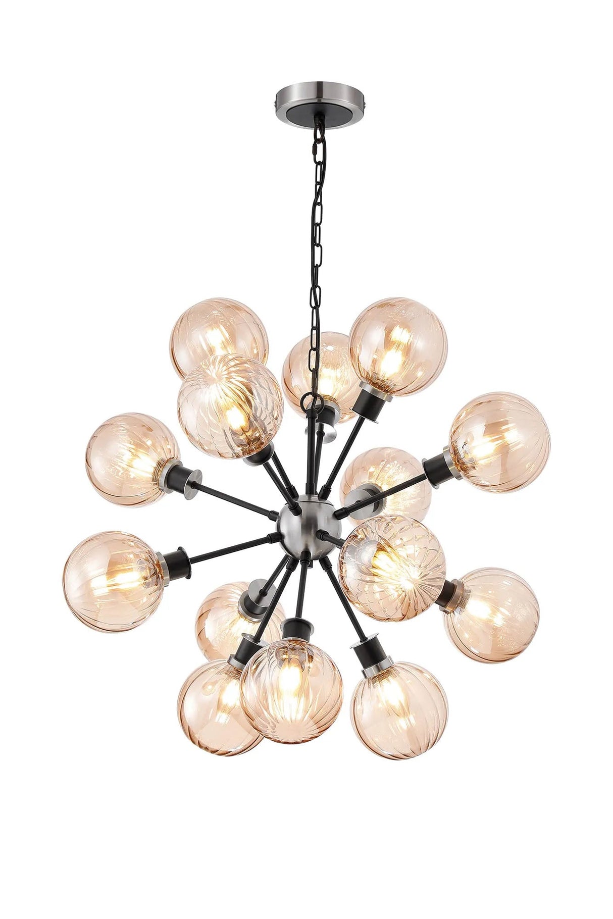 Stevens Pendant, 14 x E14 With 15cm Round Segment Glass Shade, Satin Nickel, Amber Plated & Satin Black