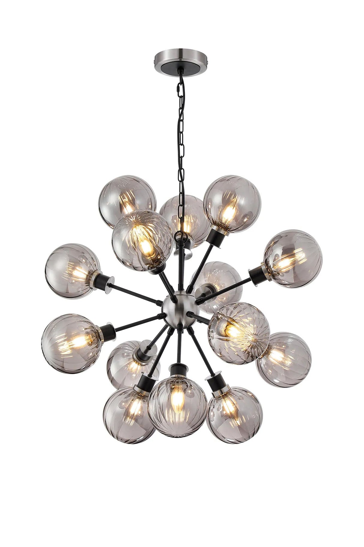 Stevens Pendant, 14 x E14 With 15cm Round Segment Glass Shade, Satin Nickel, Smoke Plated & Satin Black