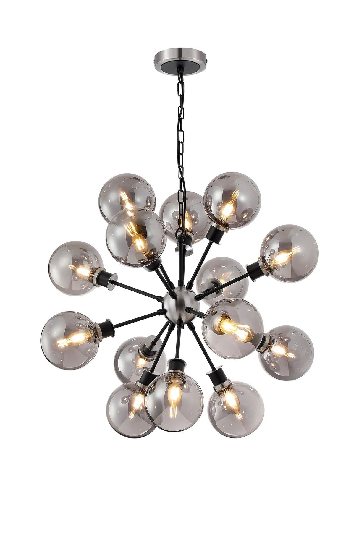 Stevens Pendant, 14 x E14 With 15cm Round Glass Shade, Satin Nickel, Smoke Plated & Satin Black