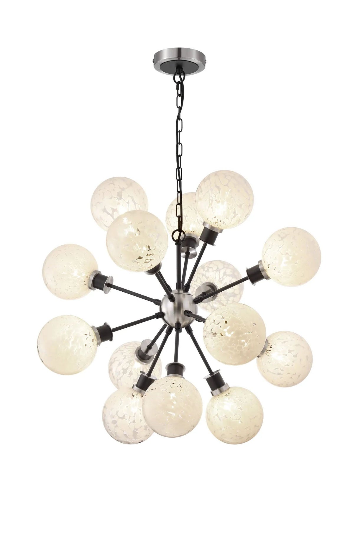 Stevens Pendant, 14 x E14 With 15cm Round Speckled Glass Shade, Satin Nickel, White & Satin Black