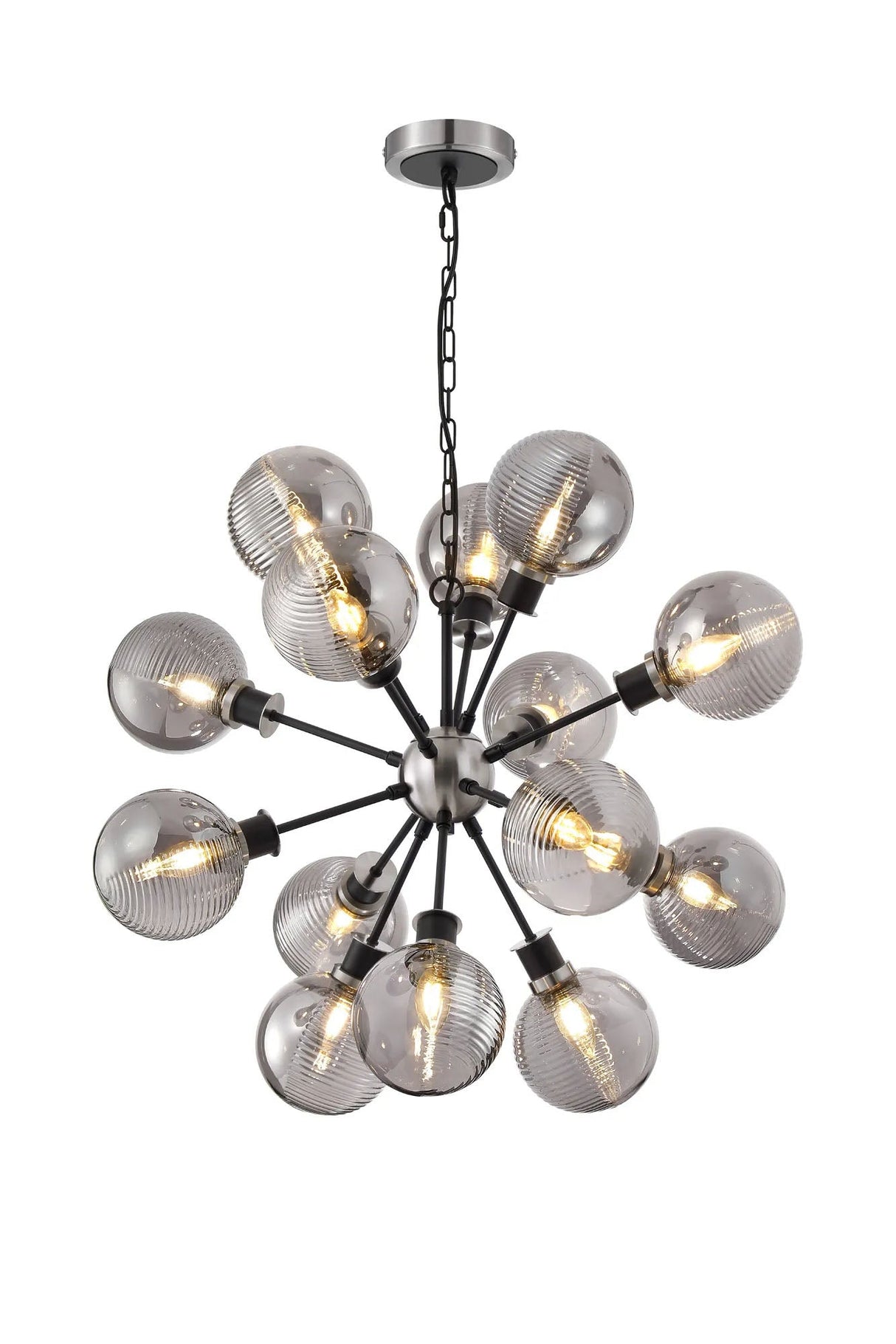 Stevens Pendant, 14 x E14 With 15cm Round Double Textured Smooth/Ribbed Glass Shade, Satin Nickel, Smoke Plated & Satin Black