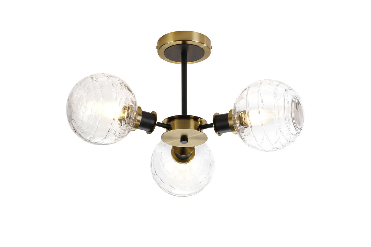 Stevens Semi Ceiling, 3 x E14 With 15cm Round Textured Melting Glass Shade, Brass, Clear & Satin Black