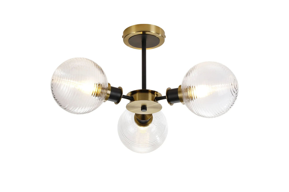 Stevens Semi Ceiling, 3 x E14 With 15cm Round Ribbed Glass Shade, Brass, Clear & Satin Black