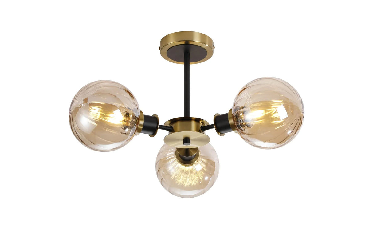Stevens Semi Ceiling, 3 x E14 With 15cm Round Segment Glass Shade, Brass, Amber Plated & Satin Black