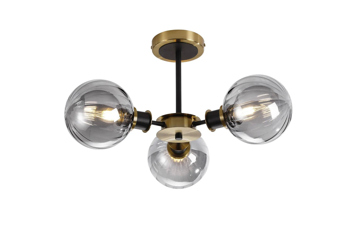 Stevens Semi Ceiling, 3 x E14 With 15cm Round Segment Glass Shade, Brass, Smoke Plated & Satin Black