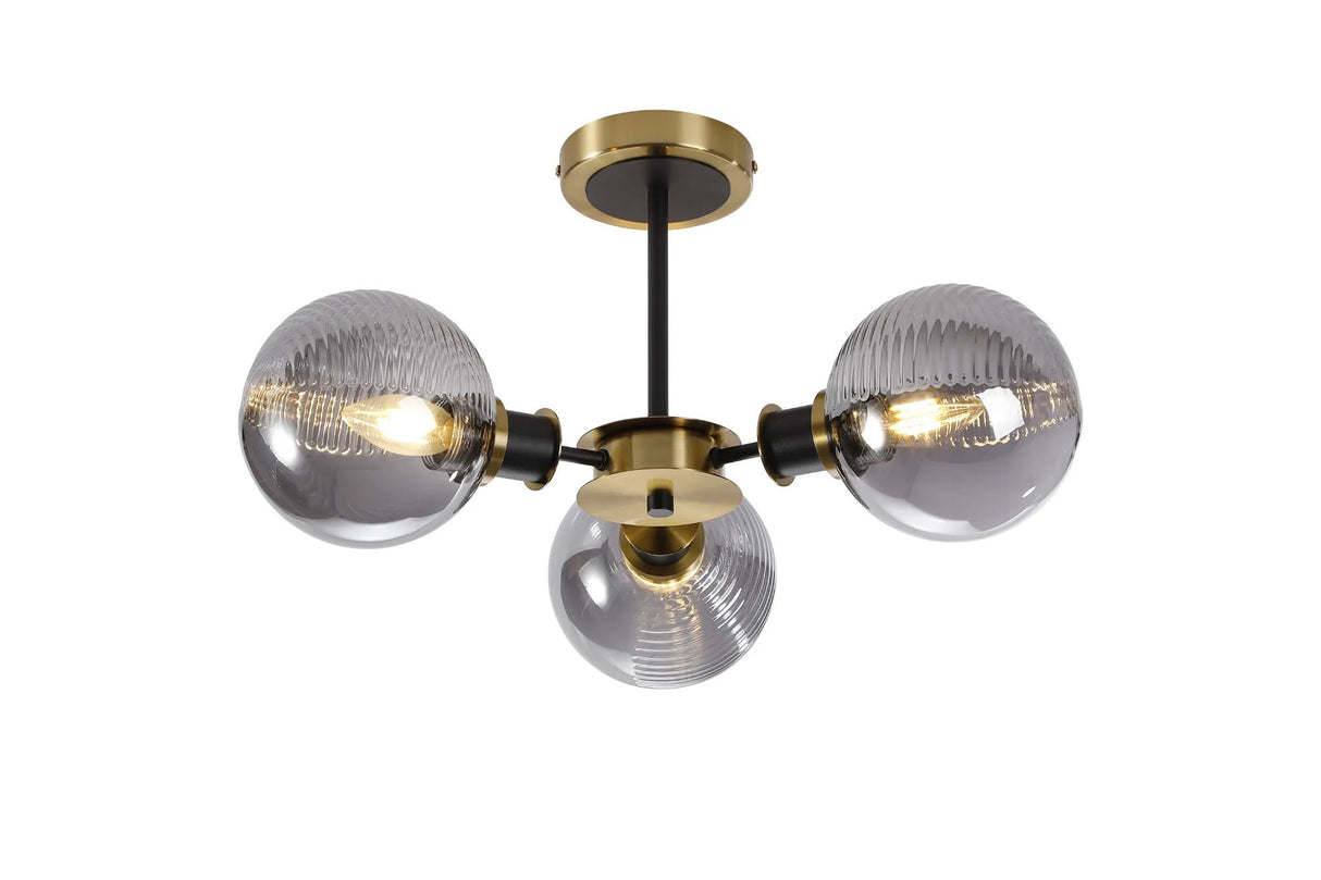 Stevens Semi Ceiling, 3 x E14 With 15cm Round Double Textured Smooth/Ribbed Glass Shade, Brass, Smoke Plated & Satin Black